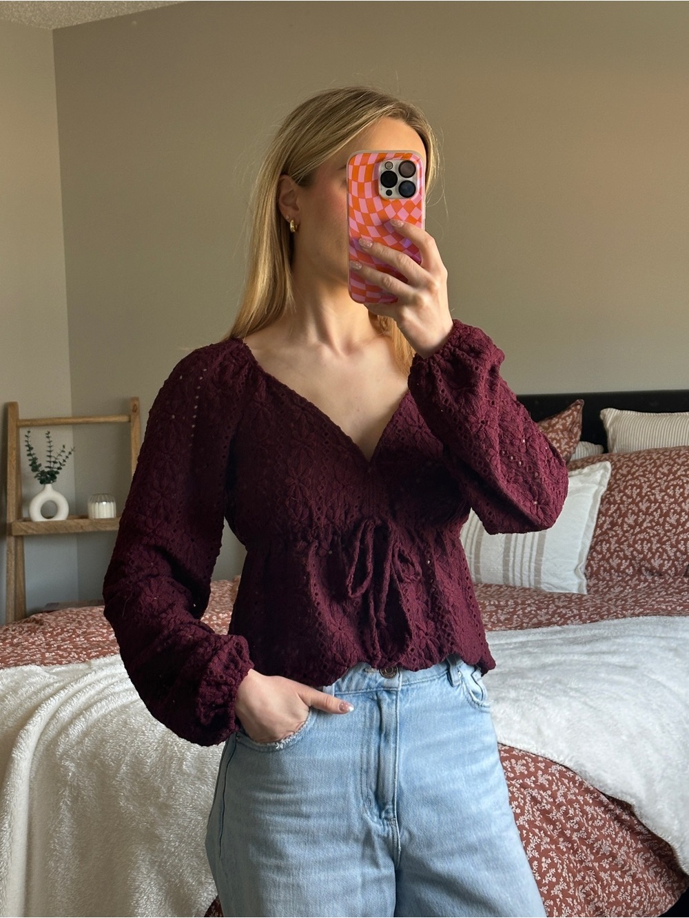 Lace Tie-Front Peplum Blouse in Burgundy